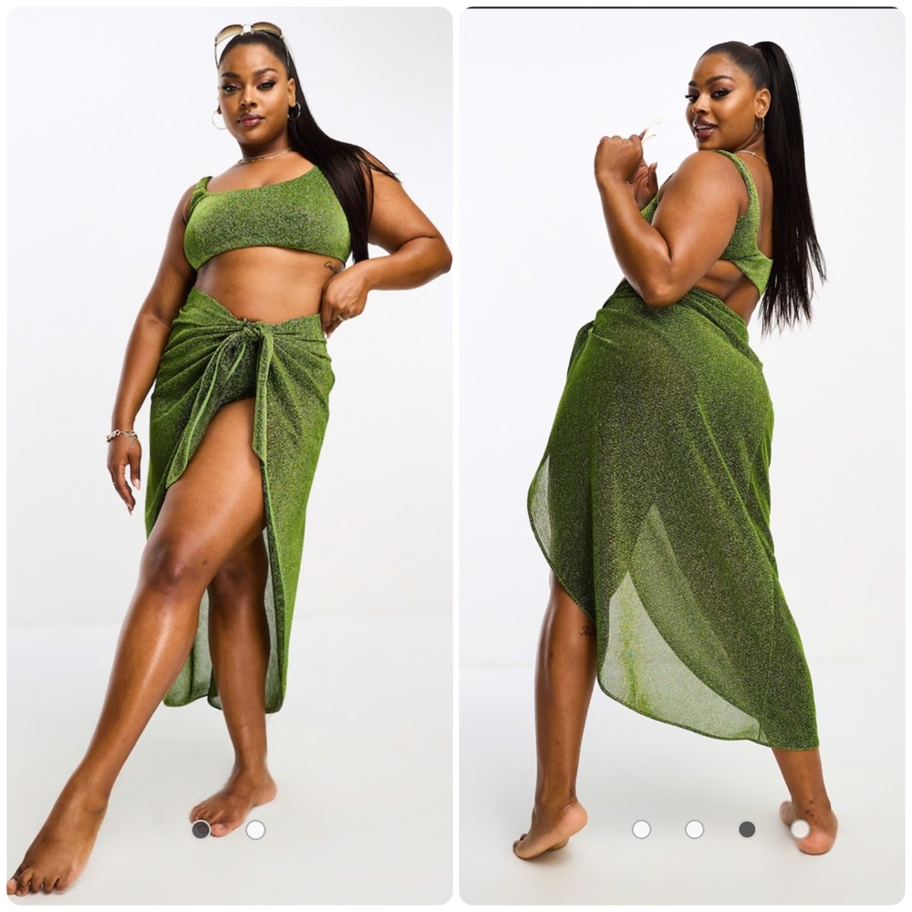 ASOS DESIGN Curve 3pc Green Glitter Bikini Set Sarong – Size US 12